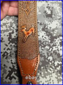Whitetail Buck Tooled Stitched Leather Suede Backed Rifle Sling With Swivels