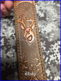 Whitetail Buck Tooled Stitched Leather Suede Backed Rifle Sling With Swivels