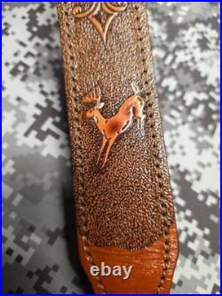 Whitetail Buck Tooled Stitched Leather Suede Backed Rifle Sling With Swivels